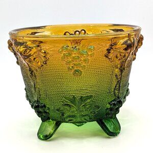 Glass Candy Dish Grape Vine Four-Footed Candy Dish Green & Yellow Vintage